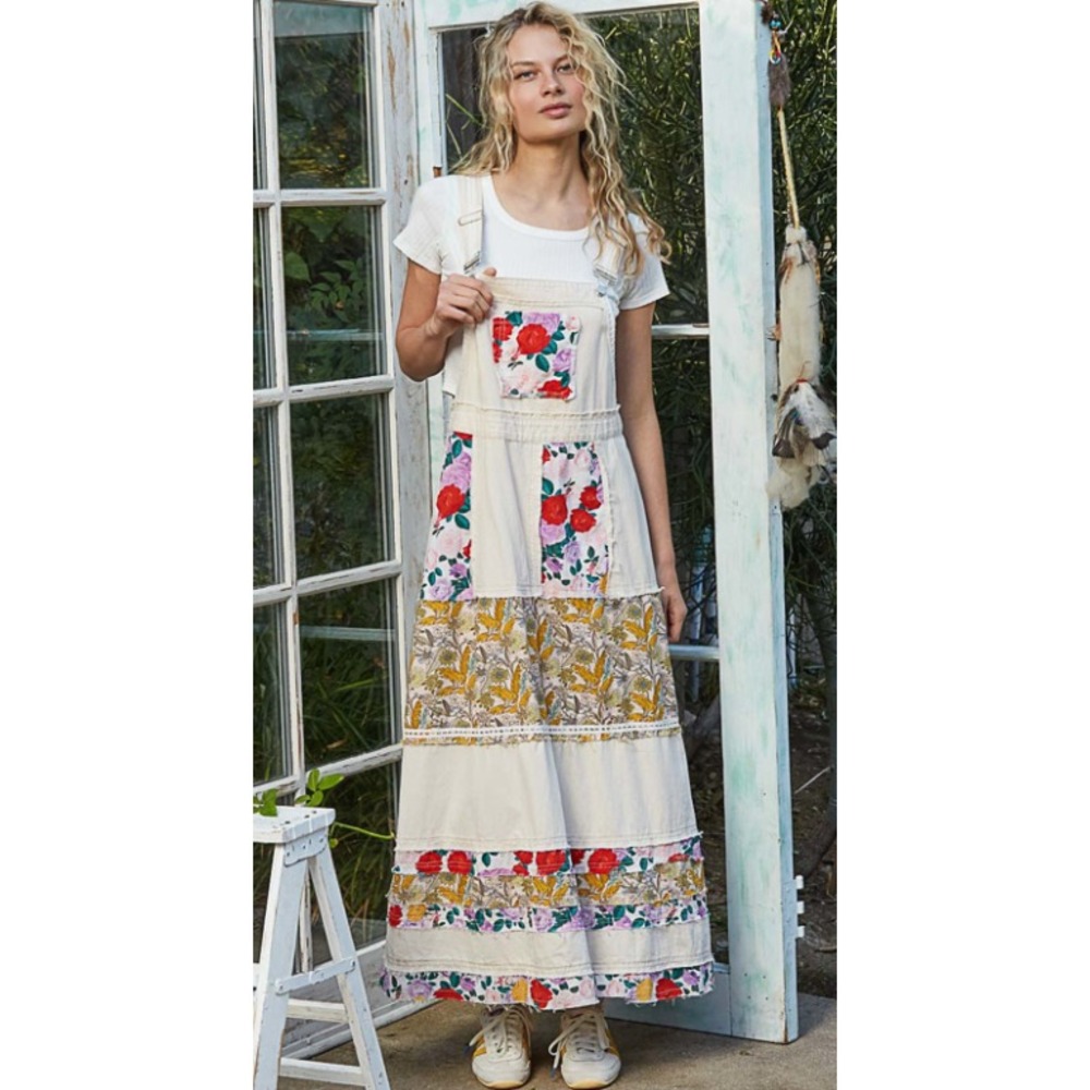 POL Overall Style Mixed Print Patchwork Oatmilk Maxi Dress Size M NEW - Picture 6 of 6